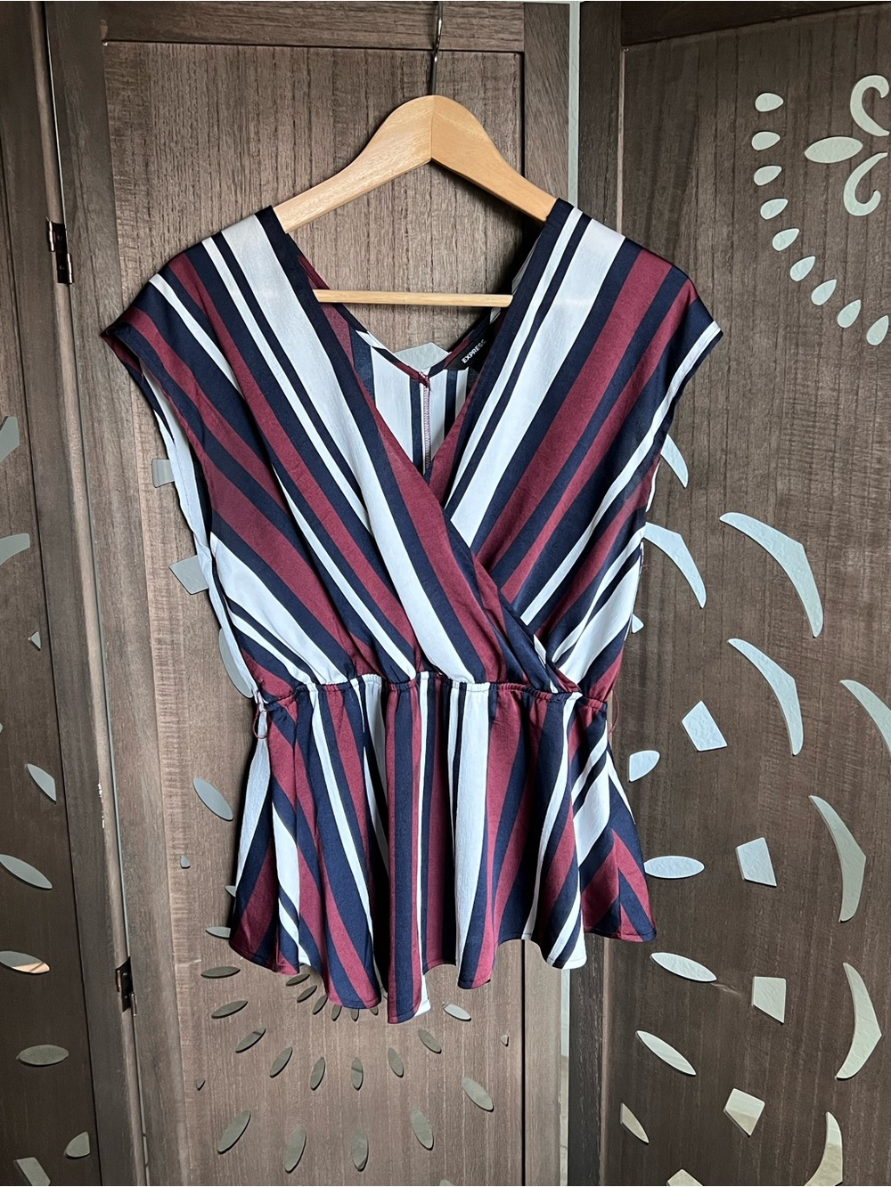 Express Striped V-Neck Peplum Top in Burgundy, Black, and White
